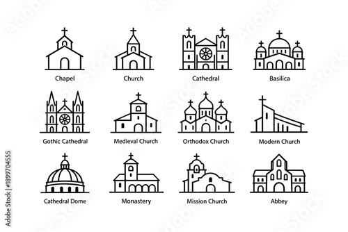 Icon set of religious buildings: chapel, cathedral, basilica, church, monastery