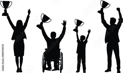 Silhouettes of diverse people holding trophies celebrating victory on white background Keywords: silhouette, trophy, winner
