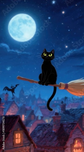 Black cat on broomstick flying moonlit village rooftops
