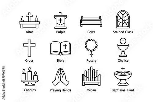 Church icon set: altar, bible, rosary, chalice, stained glass