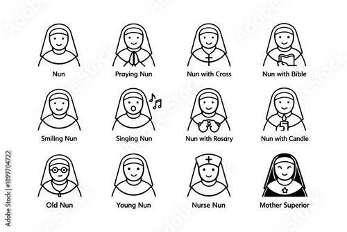 Various roles and expressions of nuns in simple line art illustrations