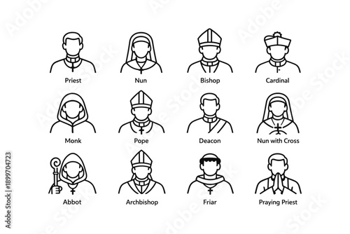 Icon set of religious figures: priest, nun, bishop, cardinal, monk, pope, deacon, abbot, archbishop, friar