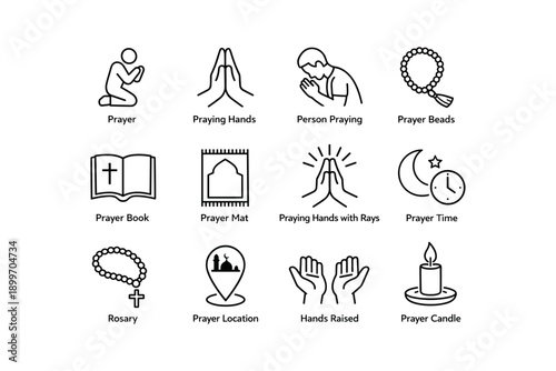 Icons of prayer and worship symbols: hands, beads, books, and candles