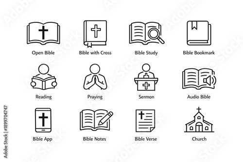 Christian symbols: open bible, cross, study, bookmark, reading, praying, sermon, audio, app, notes, verse, church