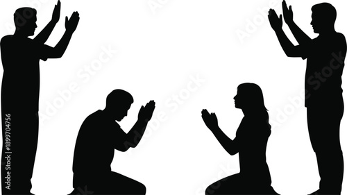Silhouettes of Four People in Prayer or Worship Poses group