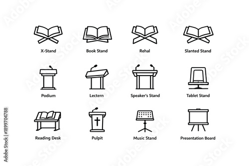 Collection of various stands for books, tablets, and presentations