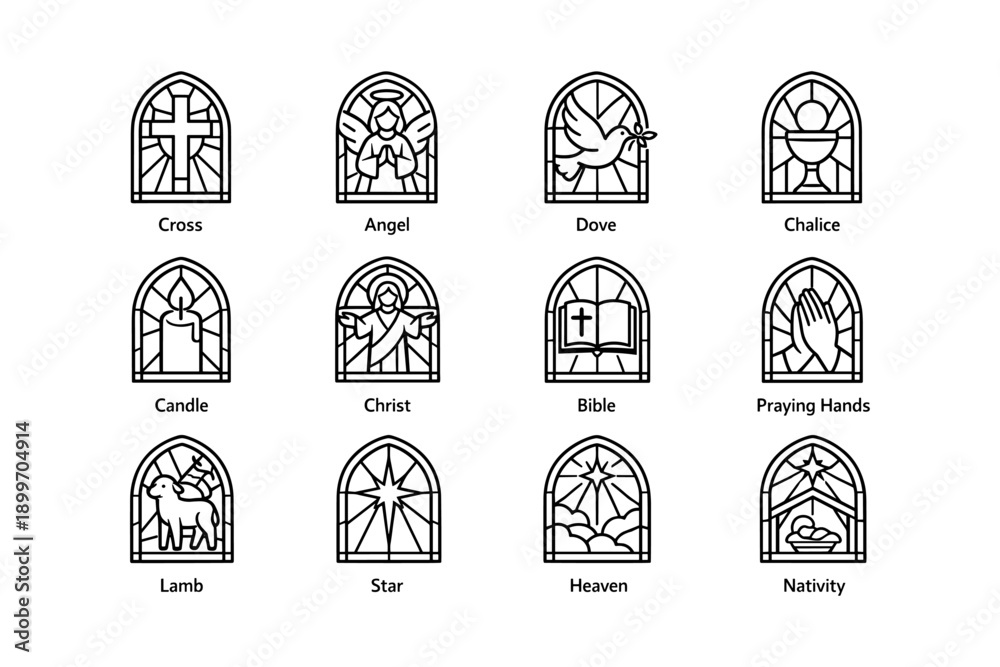 Fototapeta premium Stained glass windows illustrations featuring christian symbols and motifs
