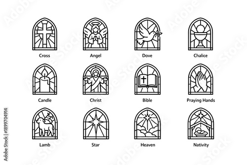 Stained glass windows illustrations featuring christian symbols and motifs