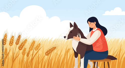A young woman sits by a field of wheat, petting a dog