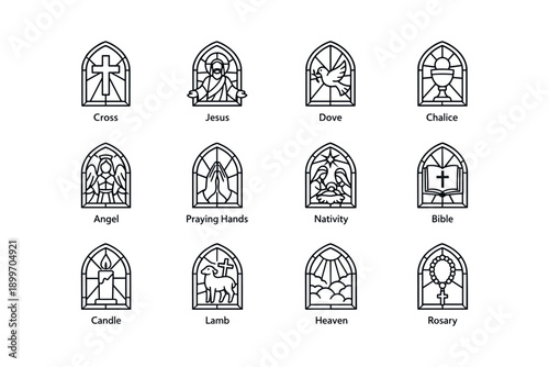 Stained glass icons depicting christian symbols and religious scenes