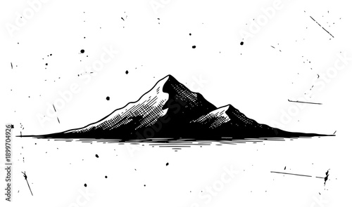 Minimalist hand drawn sketch of a lonely mountain peak with grunge ink splatters