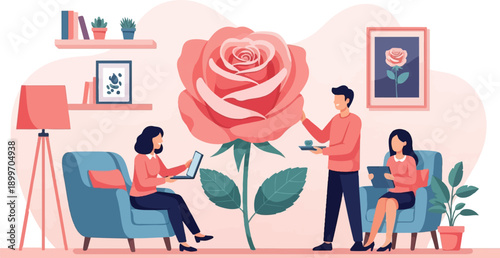 A couple admires a giant rose in a cozy living room with plants and books