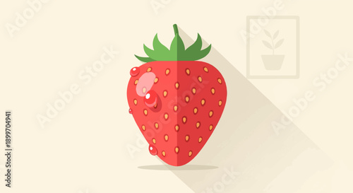 A red strawberry with water droplets rests on a plain background with a shadow