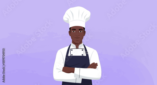 A male chef in a white uniform and dark apron stands with arms crossed