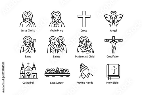 Christian symbols: jesus, virgin mary, cross, angel, saints, crucifixion, cathedral, last supper, holy bible