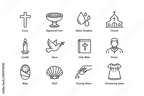 Religious symbols set: cross, church, candle, bible, dove, pastor, baptism elements
