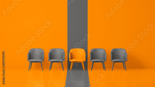 Fotografi 3D render of an orange chair positioned among gray chairs in a vibrant orange and gray minimal studio