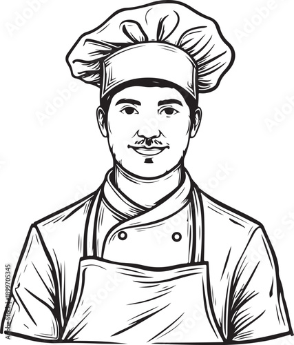 Baker Chef Cook Portrait Hand-drawn Sketch Drawing Vector Illustration, Line Linear Symbol Engraving for Coloring Book, Black and White, Isolated