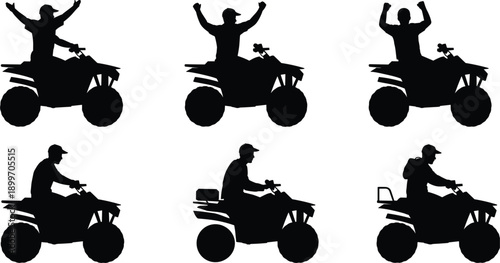 Silhouettes of people riding AT Vs in various poses on white background all terrain vehicle quad bike