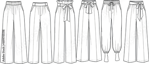 Women wide leg pants collection outline illustration, casual fashion trousers line art set, modern clothing apparel vector isolated