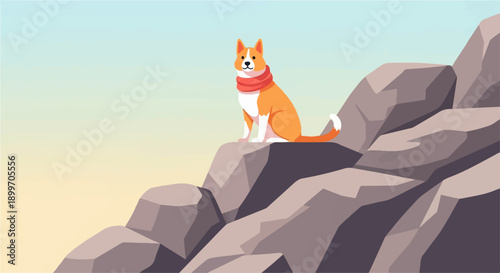 A cute cartoon dog sits on a rocky outcrop wearing a scarf