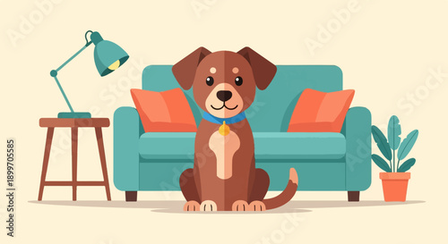 A cute cartoon dog sits patiently in front of a teal sofa with orange pillows