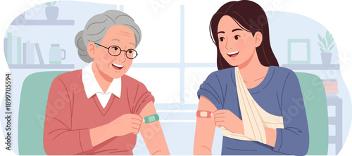 A young woman and an elder woman showing their band-aids on their arms
