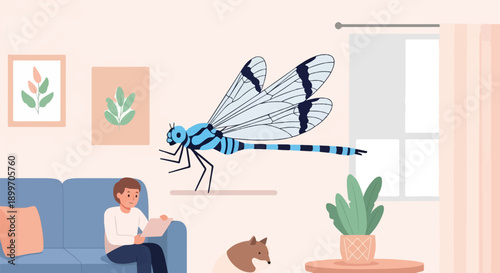 A man and his dog relax indoors with a large blue dragonfly illustration