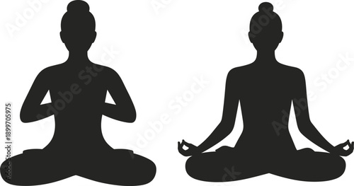 Yoga meditation silhouette pair showing lotus pose mindfulness wellness relaxation spiritual balance isolated on white background healthy lifestyle illustration concept