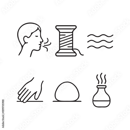 Person exhaling near thread spool wavy lines hand and steaming flask line person