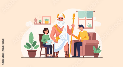 Ancient deity in modern setting with two people, indoor plants, and furniture