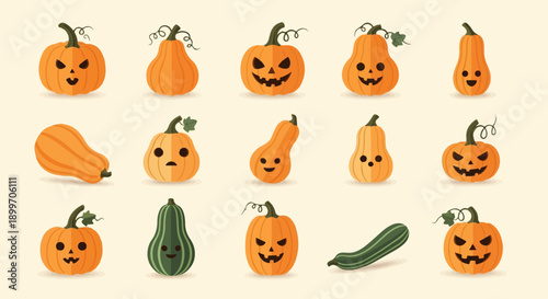 A variety of cute cartoon pumpkins with different expressions