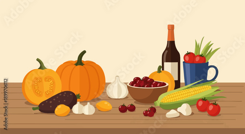 Assortment of autumn produce and a bottle on a wooden surface