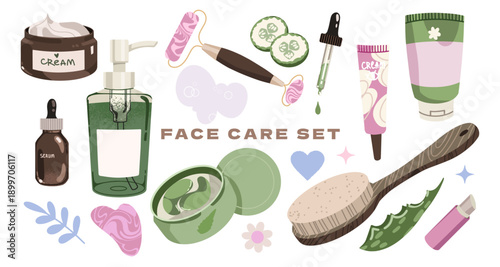 Flat vector illustration of natural skincare cosmetics collection in soft earthy colors. Various cosmetic jars and bottles isolated on a white background. 