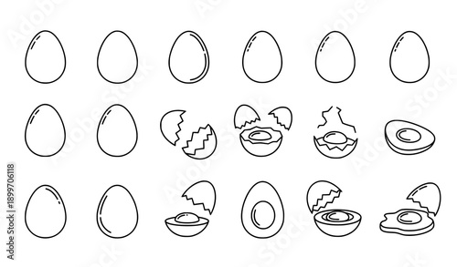 Minimal egg and broken egg line icon vector set with black outline food symbols