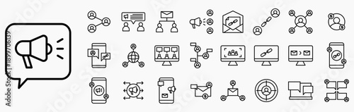 Network Marketing Icon set. Containing social network, advertising, megaphone, chain link, social media, people connected and more. Icon collection line black.