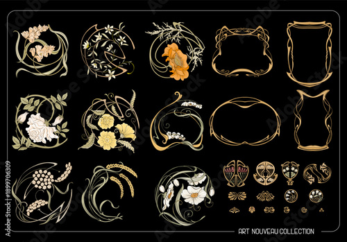 Decorative flowers and leaves in art nouveau style, vintage, old, retro style. Border, frame, template for product label, cosmetic packaging. Easy to edit. Vector illustration.