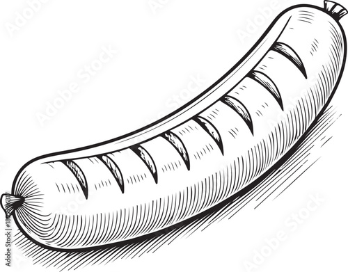 Bratwurst Sausage Hand-drawn Sketch Drawing Vector Illustration, Line Linear Symbol Engraving for Coloring Book, Black and White, Isolated