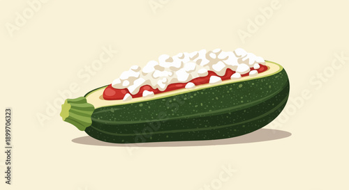 A stuffed zucchini with cottage cheese and red sauce