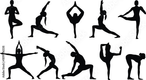 Yoga poses silhouette collection, female fitness stretching balance meditation exercise concept, black isolated wellness training vector illustration set bundle