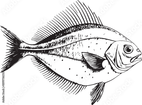 Brill Fish (Flatfish) Hand-drawn Sketch Drawing Vector Illustration, Line Linear Symbol Engraving for Coloring Book, Black and White, Isolated