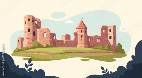 Ancient brick ruins of a castle stand tall on a grassy hill under a pale sky