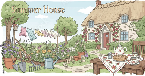 A quaint cottage with a garden, laundry, and tea set