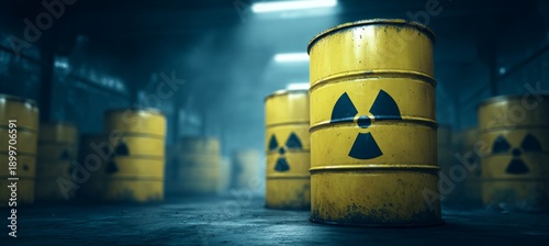 Nuclear waste on barrel at underground storage. Generative AI technology.	
