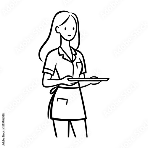 Dibujo con líneas de una mujer con uniforme de camarera, llevando una bandeja 