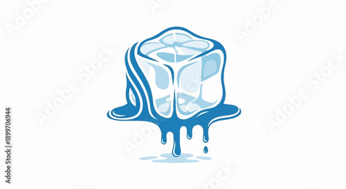 A stylized blue ice cube melts into liquid on a white background