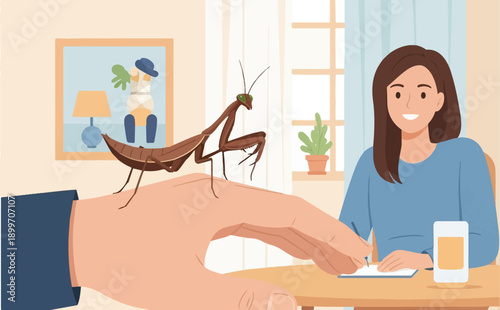 A praying mantis sits on a hand, while a woman writes at a table