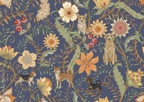 Seamless pattern with dogs and flowers. Ornate botanical design with corgi, beagle and labrador in elegant vintage style. Repeating hand-drawn background for textile and wallpaper.