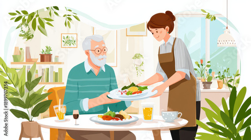 Elderly man enjoying a meal served by a young woman in a cozy, plant-filled dining room with natural light