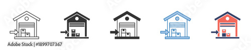 Warehouse logistics delivery and storage distribution center vector icon set illustrating various styles for modern business, e-commerce, and supply chain management graphic design elements